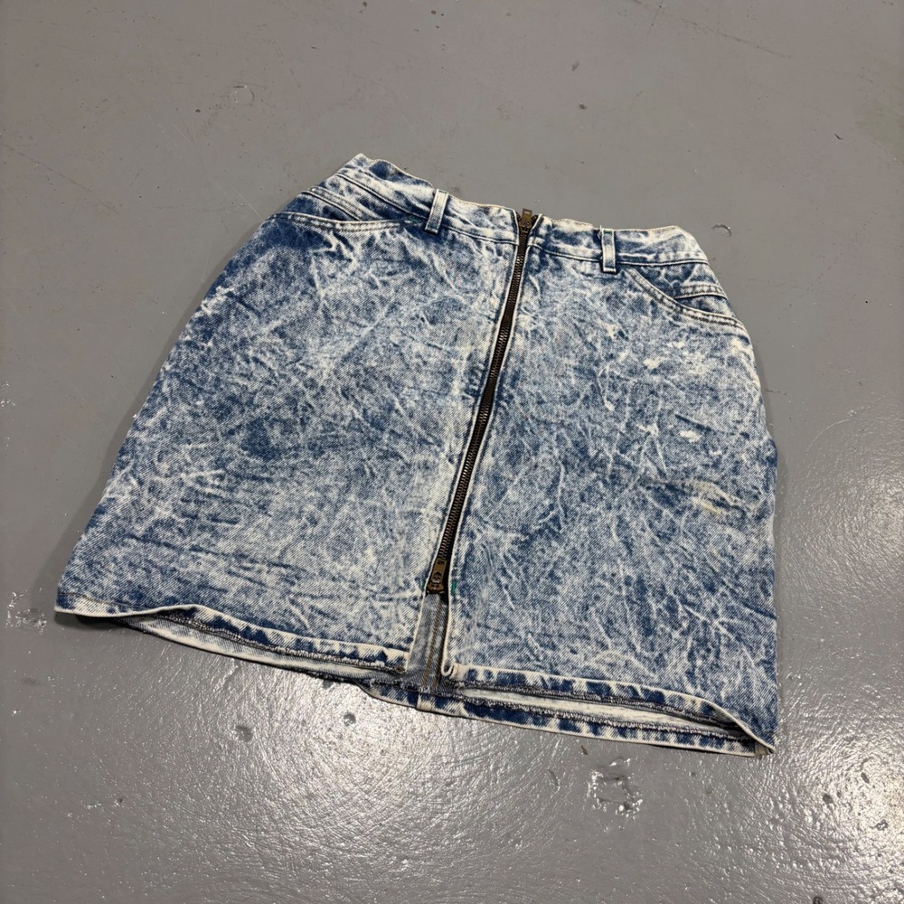Vintage Lee Acid Wash Denim Mini Skirt High Waisted Front Zip Blue 25 Waist